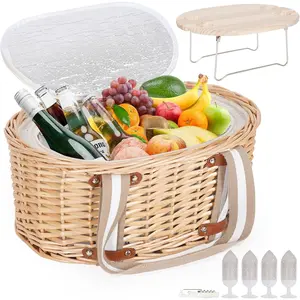 Picnic Basket Set for 4 - Wicker Insulated Picnic Basket with Folding Wine Table, Wine Picnic Kit with Liner for Couples, Camping, Outdoor, Valentine