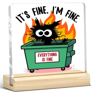 pc Funny Dumpster Fire Acrylic Sign, It’s Fine I’m Fine Cat Desk Plaque, Inspirational Coworker Gift, Office Humor Decor, Novelty Desk Decor, Acrylic Tabletop Sign for Work Desk, Home Shelf, Boss Friend Gift, Birthday Present, Desk Decor, Book Decor