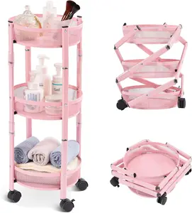 3-Tier Foldable Metal Storage Rolling Cart, Collapsible Utility Cart, No Assemble, Multifunction Organizer Trolley with Lockable Wheels for Kitchen, Living Room, Bathroom, Pink