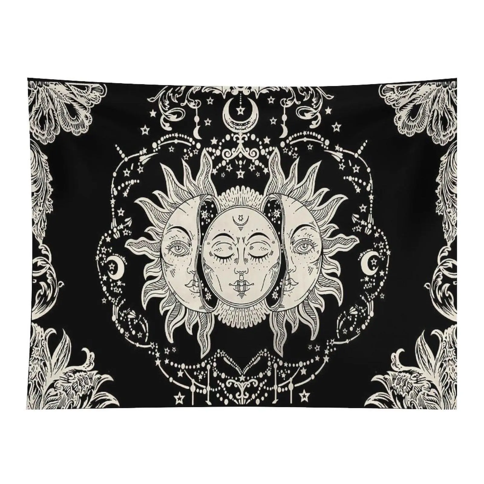Sun Moon Face Tapestry Black White Celestial Wall Hanging, Boho Astrology Tarot Tapestry for Bedroom Decor