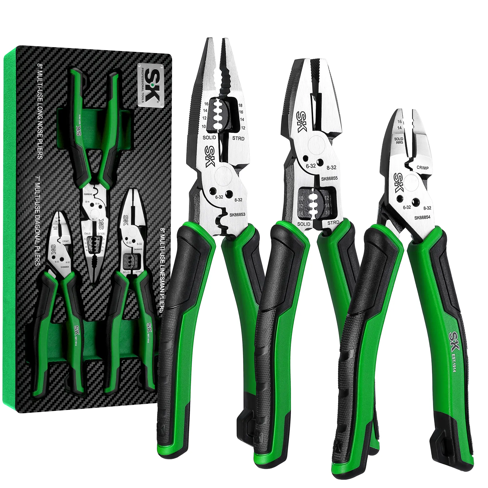 #fathersdaygift SK 3-Piece Multi-use Pliers Set, 7-Inch Diagonal Plier, 8-Inch Noodle Nose and Linesman Pliers, CR-V Construction, Anti-slip Handle, with EVA Foam Tool Organizer