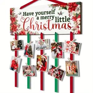 Wooden Photo Frame, 1 Set Christmas Card Display Stand, Farmhouse Floral Merry Christmas Photo Show, Wall Hanging Sign with 20 Clips for DIY Rustic Photo Frame, Ornaments