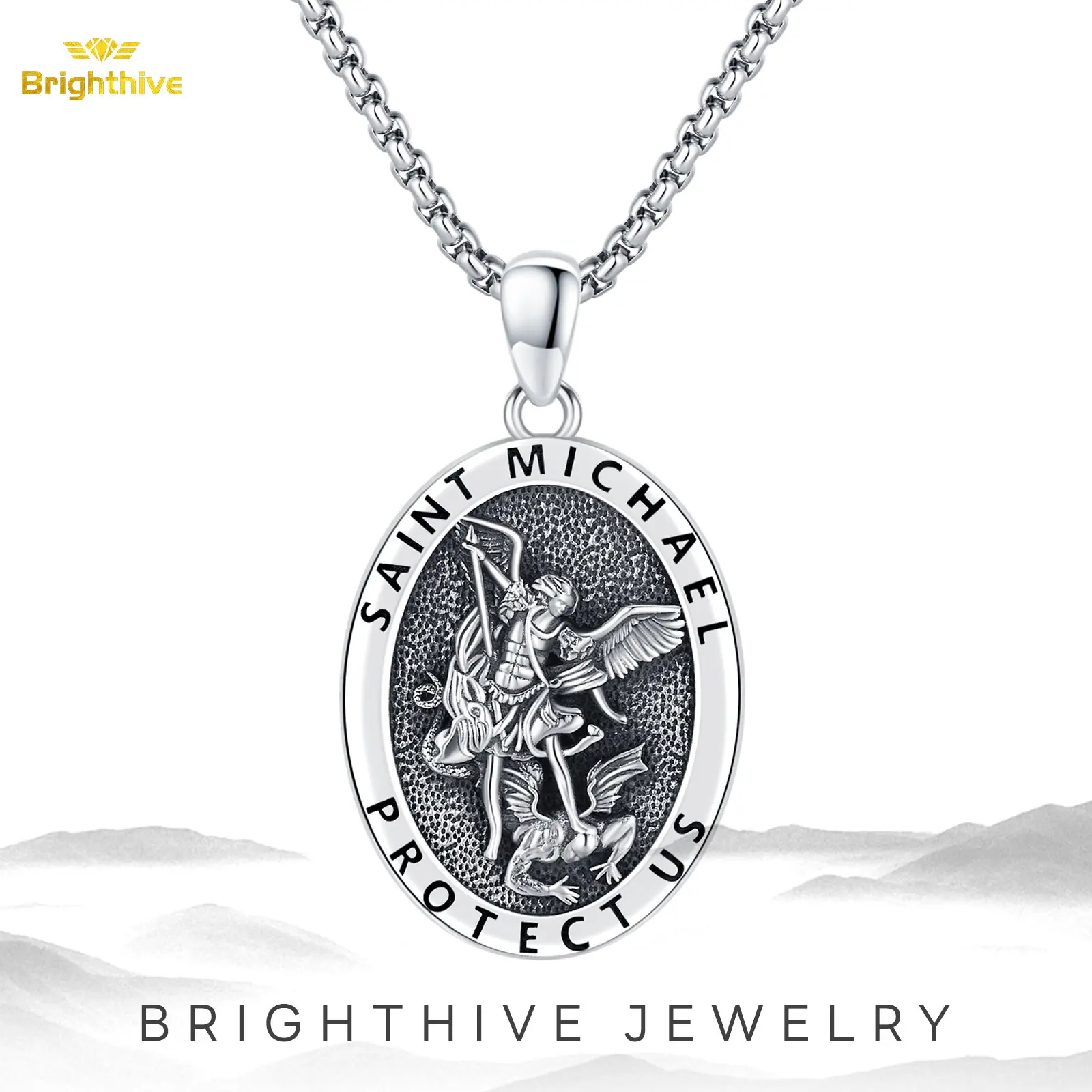 Brighthive S925 Sterling Silver Saint Michael Necklace, Religious Archangel Medal, Unisex Design for Daily Wear, Christian Jewelry Gift for Male, Religious Pendant, Adults, Men's Jewelry