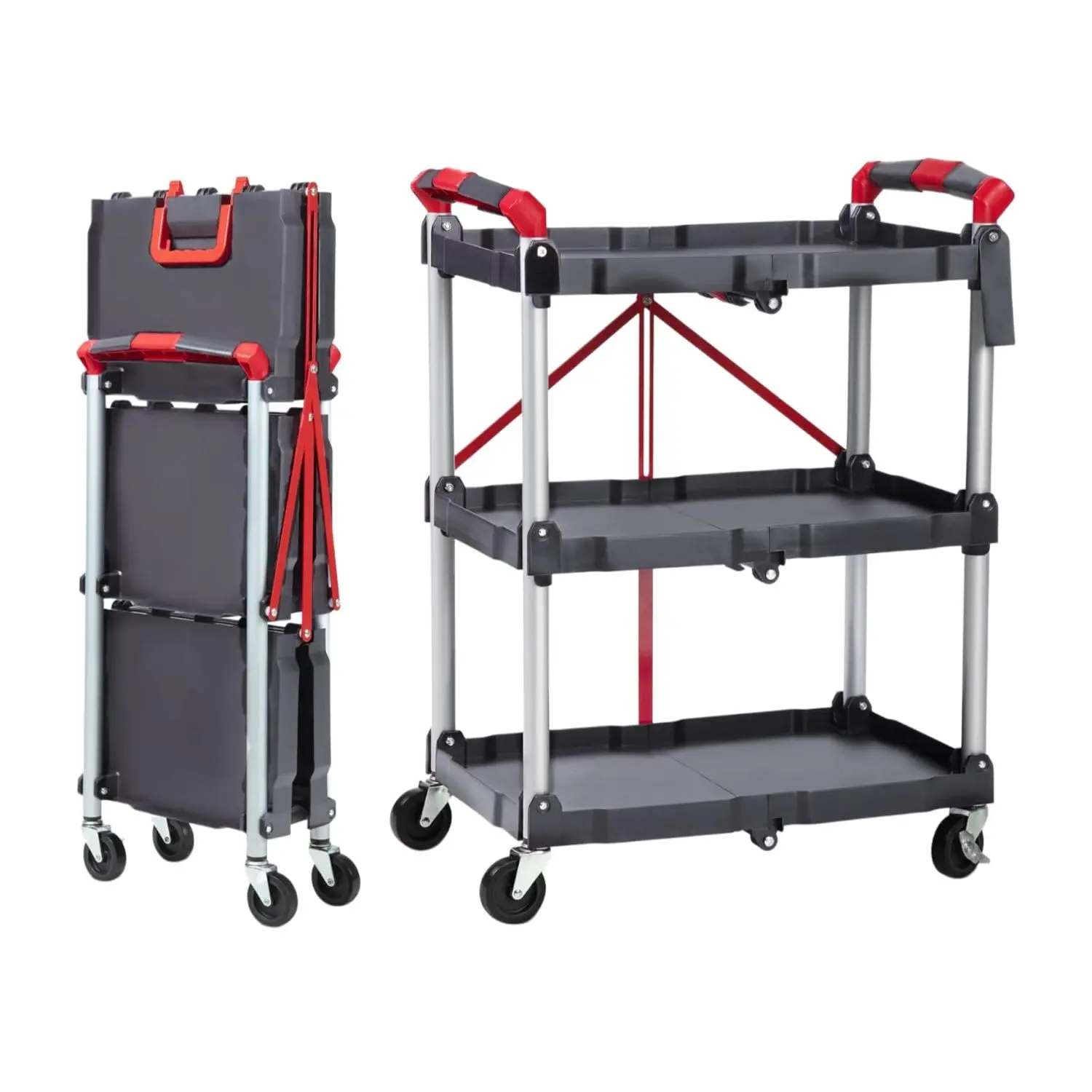 3-Tier Collapsible Utility Service Cart with Wheels, 90KG Load Capacity, Portable Tool Trolley with Ergonomic Handle for Garage Workshop Home Office Warehouse