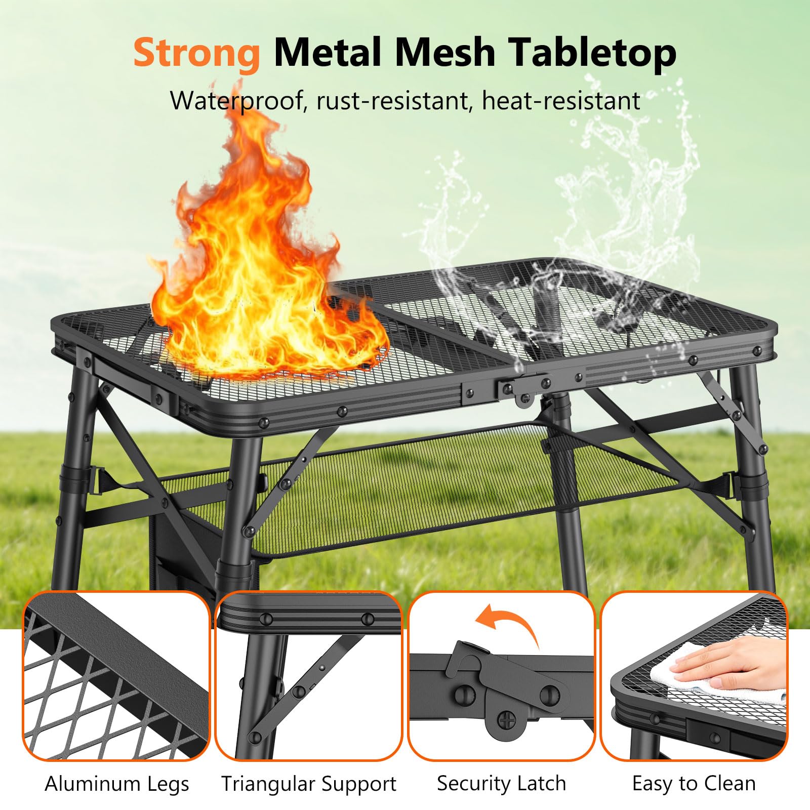 Summer Camping Must-Have | 3-Height Adjustable Folding Grill Table | Portable & Heat-Resistant Metal Table with Storage Bag