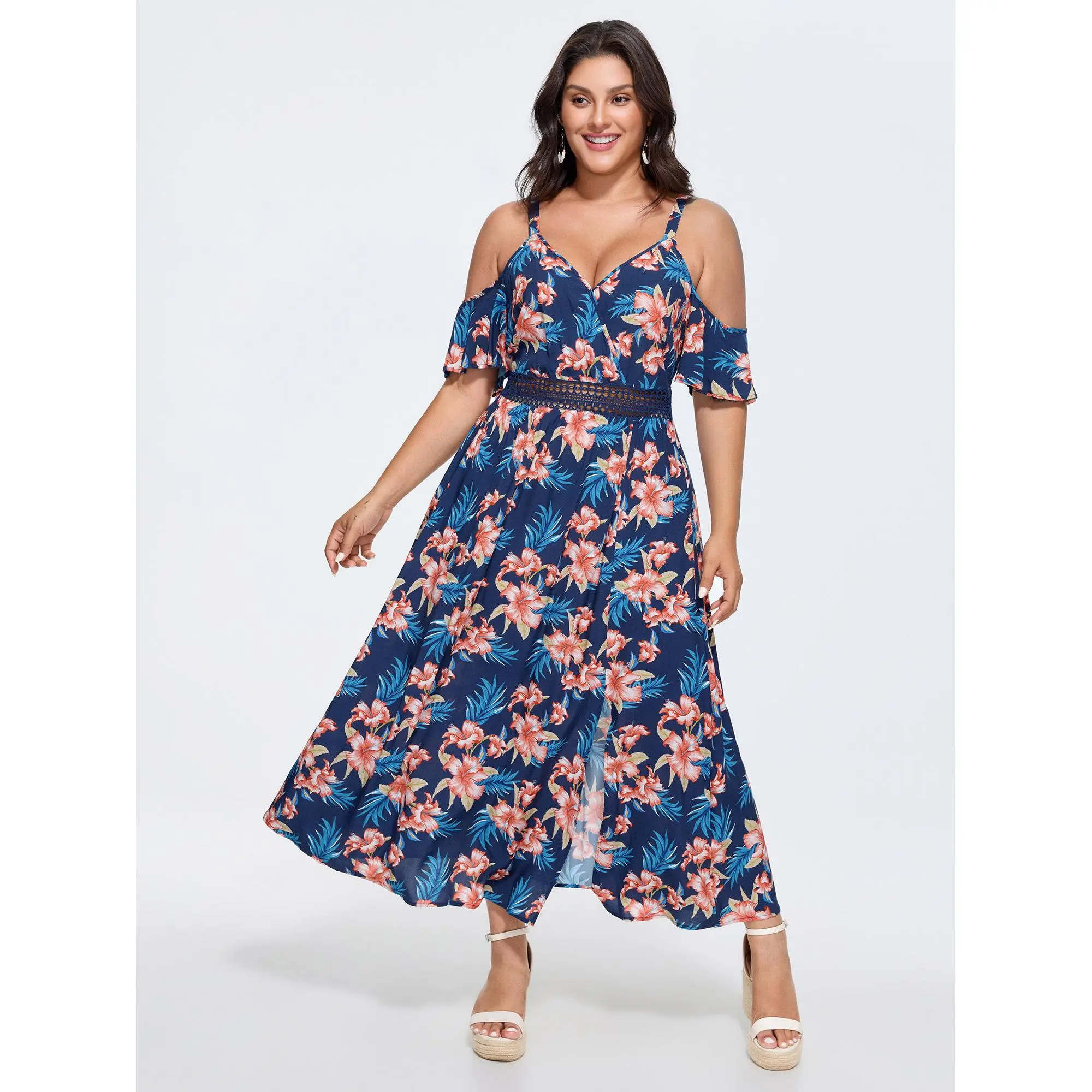 BloomChic Boho Tropical Rayon Maxi Dress, Curvy Dresses Plus Size with Ruffle Shortsleeve, Shirred Hollow-Out and Pockets, Bohemian, Tropical Dress