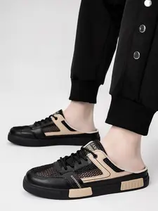 1 Pair Plus Size Men's Color Block Half Slip-On Athletic Skate Sneaker Shoes | Street Cool Style | 3 Color-Block Options + Minimalist Line Design + Premium Leather Upper | Streetwear / Trendy Outings / Casual Gatherings, Eye-Catching Personality Shoes