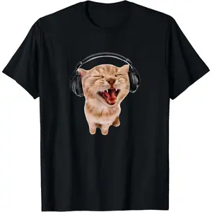 Cotton Short Sleeve Silly Cat With Headphones T-Shirt for Men Women