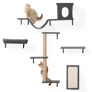 【PetCozife】5-in-1 Wall Mounted Cat Climber Set with Cat House, Wooden Kitten Climbing Wall with Scratching Post, Tunnel, Bridge, Tree, Steps, Scratcher Board & Hammock, Indoor Cat Shelves for Luxury kitty