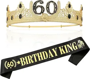 60TH Birthday King Crown and Birthday King Sash 60TH Birthday Gifts Men Birthday Party Decoration Men Gold