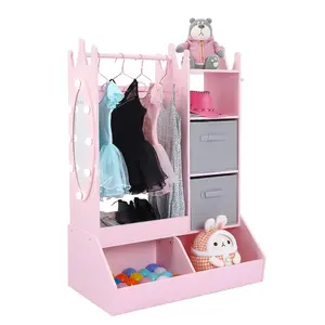 Girls' Dress up Storage with Light & Mirror, Kids Clothing Rack with Storage Bin, Girl's Open Hanging Armoire Closet