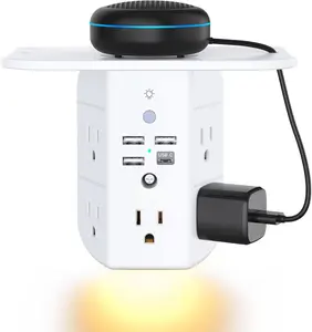 Wall Outlet Extender with Shelf and Night Light,Surge Protector,USB Wall Charger with 5 AC Outlets and 3 USB Ports 1 USB C Outlet Wide Space 3-Sided Power Strip Multi Plug Outlets