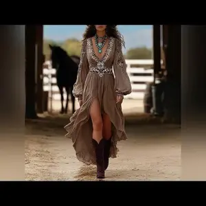 Women's Patchwork V-Neck Dress With Puff Sleeves & Asymmetric Hem, Western Style Flowy Boho Long Dress For Spring Fall