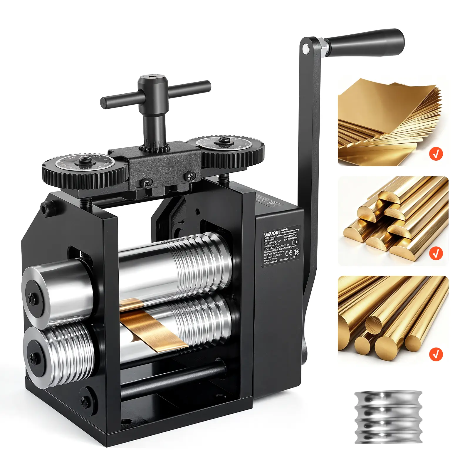 VEVOR Manual Jewelry Craft Roller Mill, 4-in-1 Manual Power Tool with Round, Flat, Square, Half-Round Pressing Rollers, 0.03-7 mm Adjustable Thickness for Ductile Metals, Gold, Silver, Copper with Stable Even Rolling