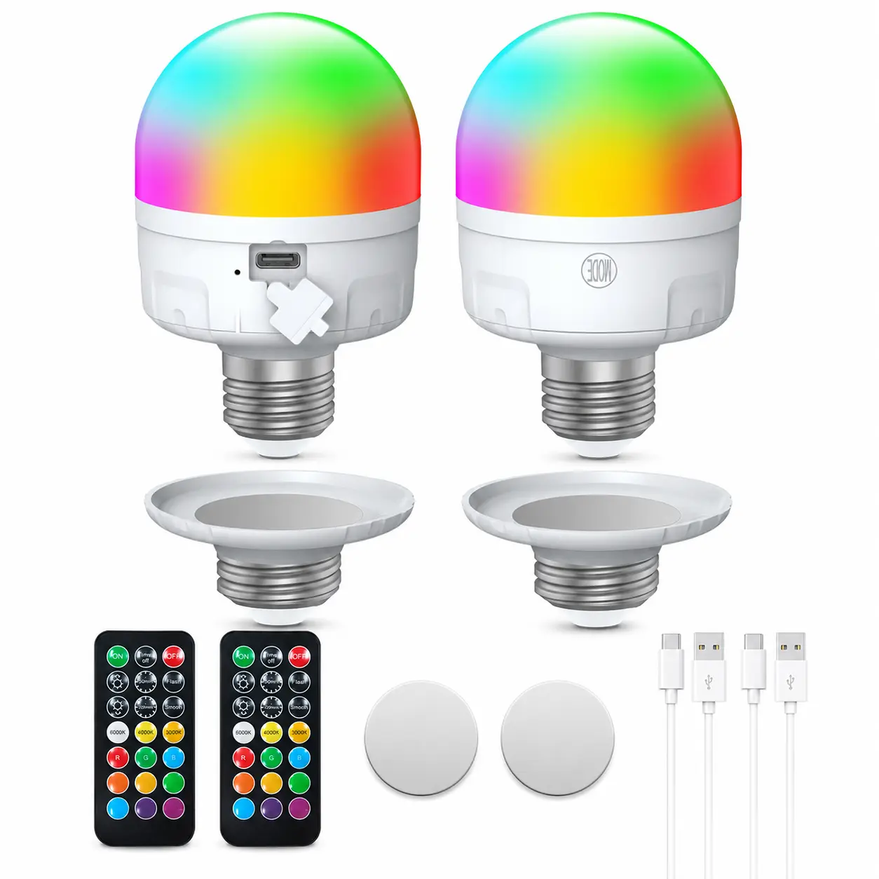 2PC RGB Color LED Bulbs, Rechargeable Magnetic-Attachment Lights with 3-Color Temperature Adjustment, Remote Control for Party & Home Improvement Use