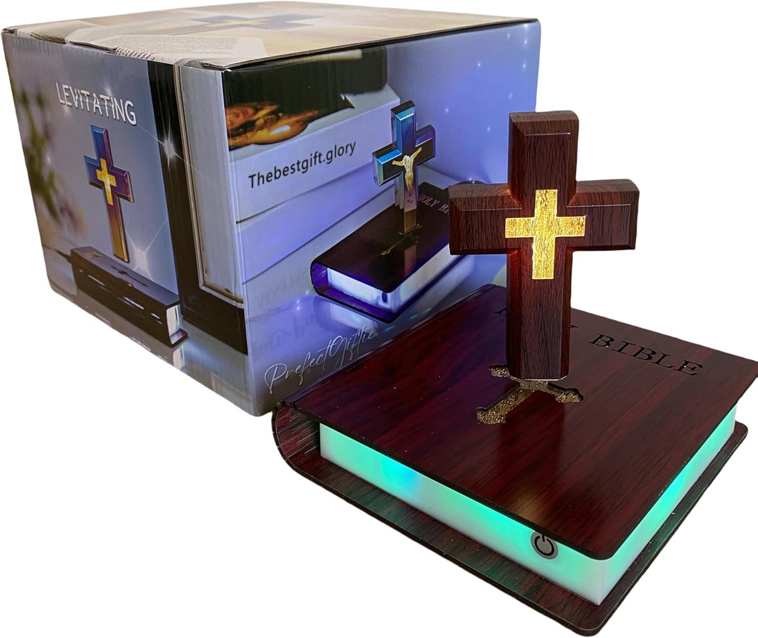 Levitating Cross Lamp, Floating Cross Night Light with Jesus & Bible Design, Magnetic Levitation Cross Lamp | Christian & Catholic Gift, Spiritual Home Decor, Easter Gift, Glowing Cross Ornament