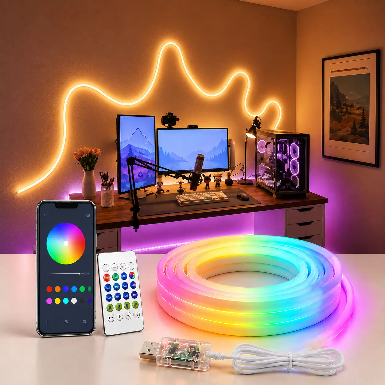 USB-Powered RGBIC Color-Changing LED Strip Light, 16.4FT with App & Remote Control, Music Sync Ambient Backlight for TV, Computer and Gaming Setup