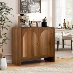 Giratree 59" Long Sideboard Buffet Cabinet with 3 Doors, Classical Wood Storage Cabinet with Arched Trim & Striped Pattern for Living Room, Kitchen, or Coffee Buffet