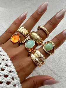 7-Pieces Vintage Colorful Metal Ring Set, European Style Irregular Texture Stackable Finger Rings, Gold Plated Hypoallergenic Jewelry
