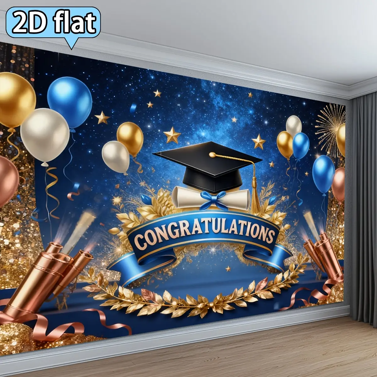 Lightweight 2D Flat Graduation Backdrop Banner - Blue & Golden Gradient Print, Graduation Party Decorations, Home Party Decorations for Ceremony Photo Displays