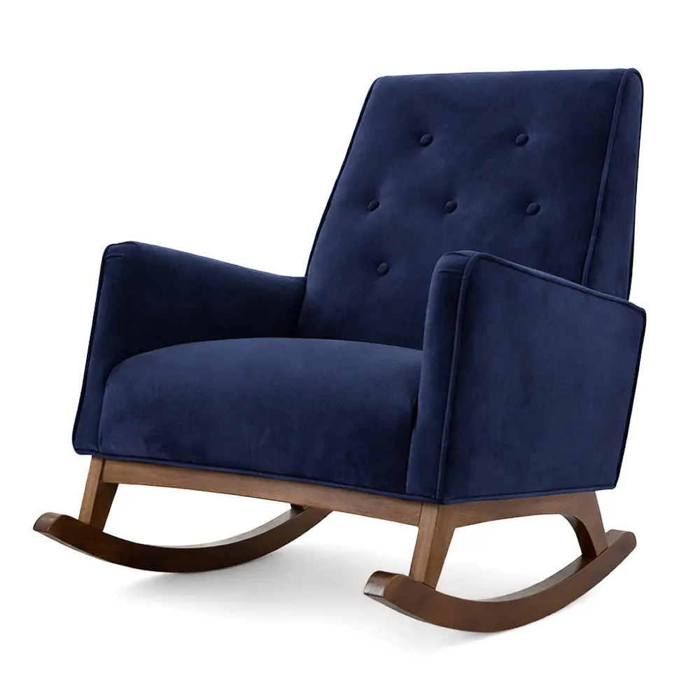 Windsor Dark Blue Velvet Fabric Rocking Chair, Mid-Century Indoor Furniture Chair, Mid Century Chair