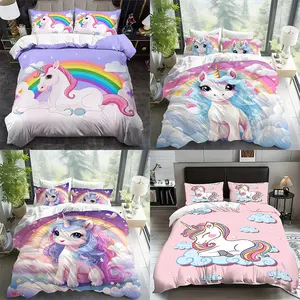 3pcs Heart Unicorn Bedding Set, One Fitted Sheet and Two Pillowcases, Polyester Fabric, Soft and Breathable, All Seasons Use, Soft Bedding Sets