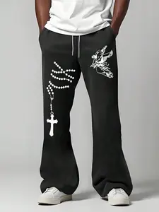 Men's Street Graffiti Hip Hop Drawstring Waist Straight Loose Wide Leg Casual Pants, Emo 2000s Style, Spring Autumn Flared Sweatpants, Menswear