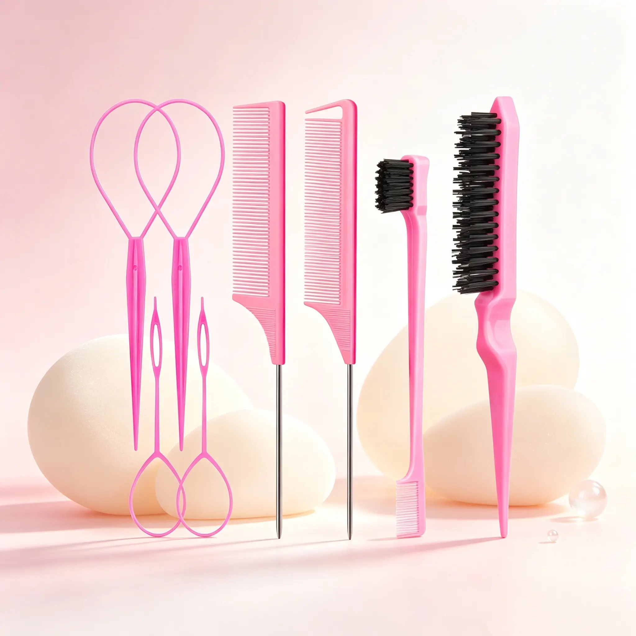 8Pcs Hair Brushes Set with 4Pcs Topsy Hair Tail Tools 1Pcs Bristle Teasing Hair Brush 1Pcs Edge Control Brush 2Pcs Metal Pin Rat Tail Combs for Woman Girl Hair Styling,Edge&Back Brushing