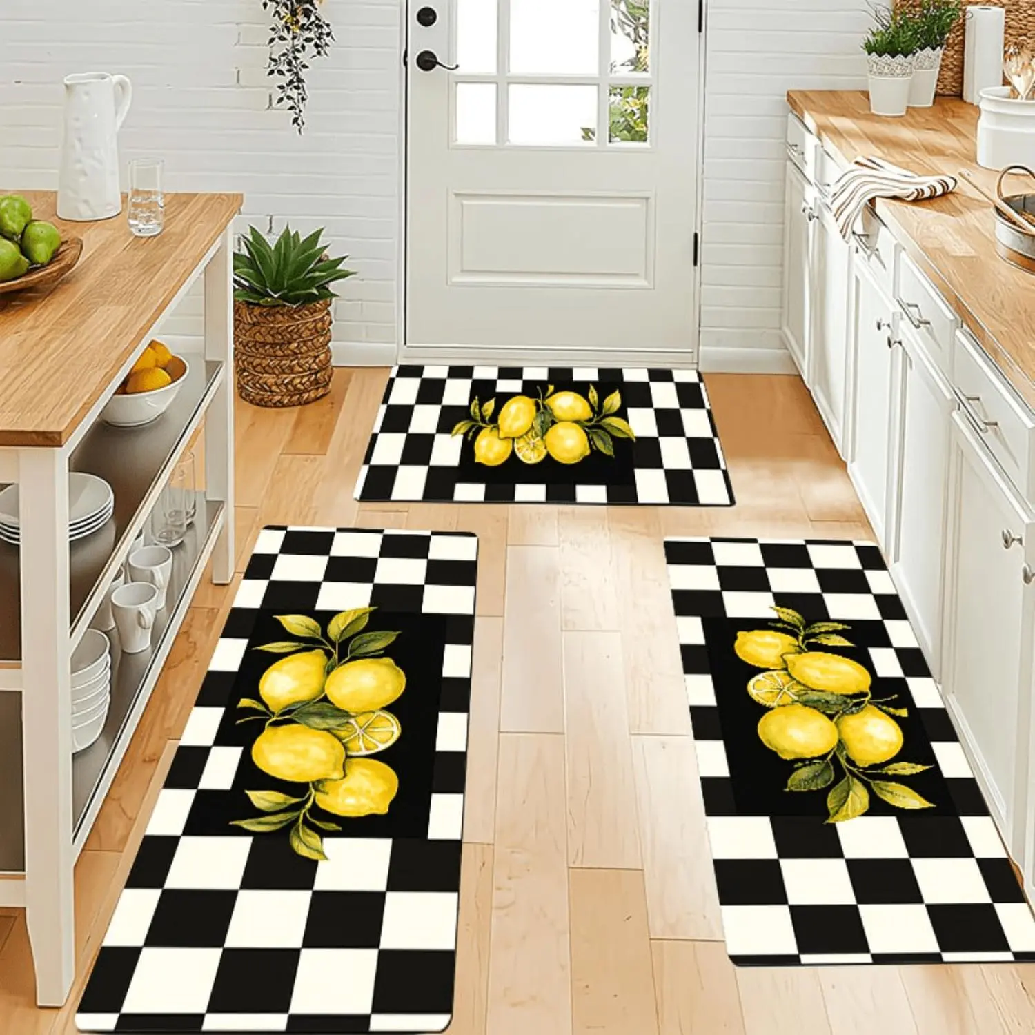 Lemon Checkered Mat - Non-Slip Soft Flannel Mat Suitable, Bathroom, Bedroom, Living Room, Porch - Lemonade & PVC Backing, Easy Clean, Spring/Easter/Valentine' Decor, Rectangular