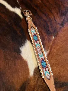 Genuine leather dog collar with teal, white, and burgundy southwest beaded inlay design and Rawhide edge