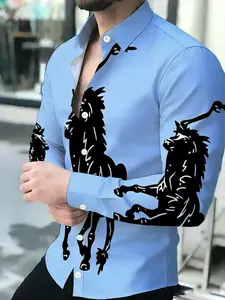 Men's Blue Printed Long Sleeve Shirt, Fashion Trendy Handsome Design Top, Dual-use for Casual & Business