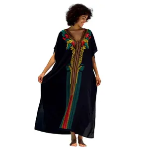 Women's Boho Kaftan Dress, Summer Clothes, Ethnic Print Casual Loose Fit Oversized Maxi Dress for Beach Holiday Vacation, Ladies Summer Clothes, Women's Clothing, Womenswear, Swimsuit Cover Up, Mumu Bubu Caftan Dresses for Party - Embroidered gold border