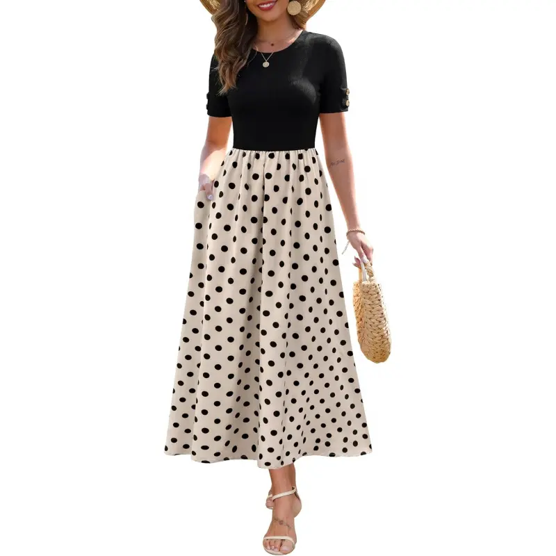 Zattcas Women's Light Smooth Polyester Summer Short-Sleeve Ribbed Patchwork Flowy Dress with Pockets, Ideal for Teacher Business Casual Work Occasions, Pair with Matching Accessories, Comfy, Modest, Breathable, Elastic, Shortsleeve