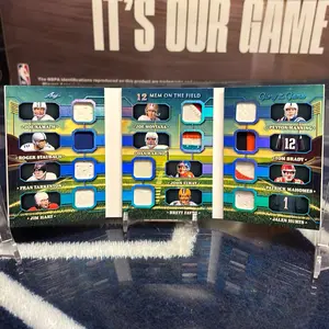 2025 Leaf 12 mem on the field. PLAYER WORN GAME USED PATCHES! Ft. Brady, Mahomes, Elway, Farve, Manning, Marino, Hart, Namath, Montana, Hurts, Staubach, Tarkenton. Print run 3/3. HUGE MEM CARD!