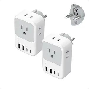 Type F Plug Adapter 2 Pack, PD 20W South Korea Outlet Adapter with 4 AC Outlets 4 USB Ports (2 USB C), Type E Power Adaptor for US to Europe Spain Germany France Iceland Greece Russia Norway