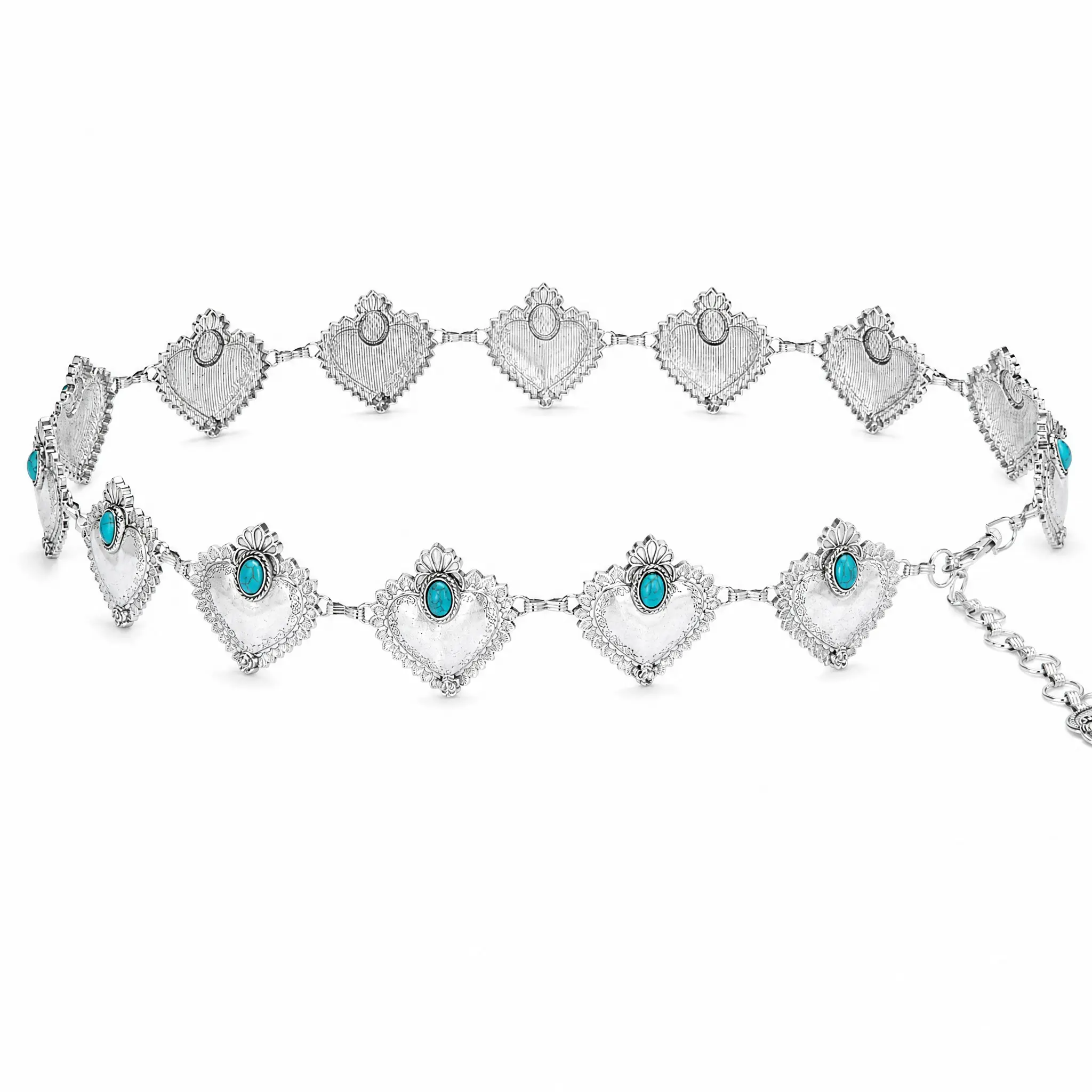 Wrangler Western Turquoise Concho Chain Belt for Women, Silver Plated Heart/Square Adjustable Waist Belt, Southwestern Cowgirl Statement Belt