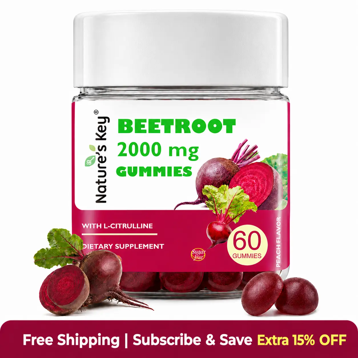 [Summer Sale] Nature's Key Beets Cardio Gummy, Beet Root Extract2000mg，60 Beetroot Gummies with Hawthorn Berry for Blood Flow & Heart Health, Sugar Free, Gluten-Free, Daily Wellness Supplement