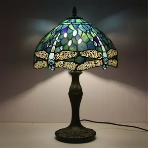 Tiffany Lamp Sea Blue Stained Glass Bedside Table Lamp Dragonfly Style Desk Reading Light Metal Base 12x12x18 Inches Decor Bedroom Living Room Home Office