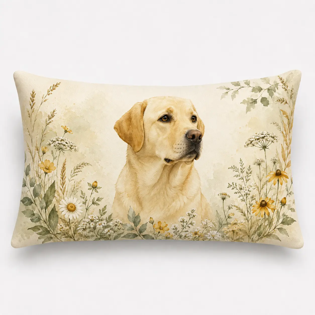 Floral Labrador Decorative Throw Pillow, 20 x 12 Inch Watercolor Dog Accent Pillow, Rectangular Botanical Cushion for Sofa Bed Bedroom, Dog Lover Gift