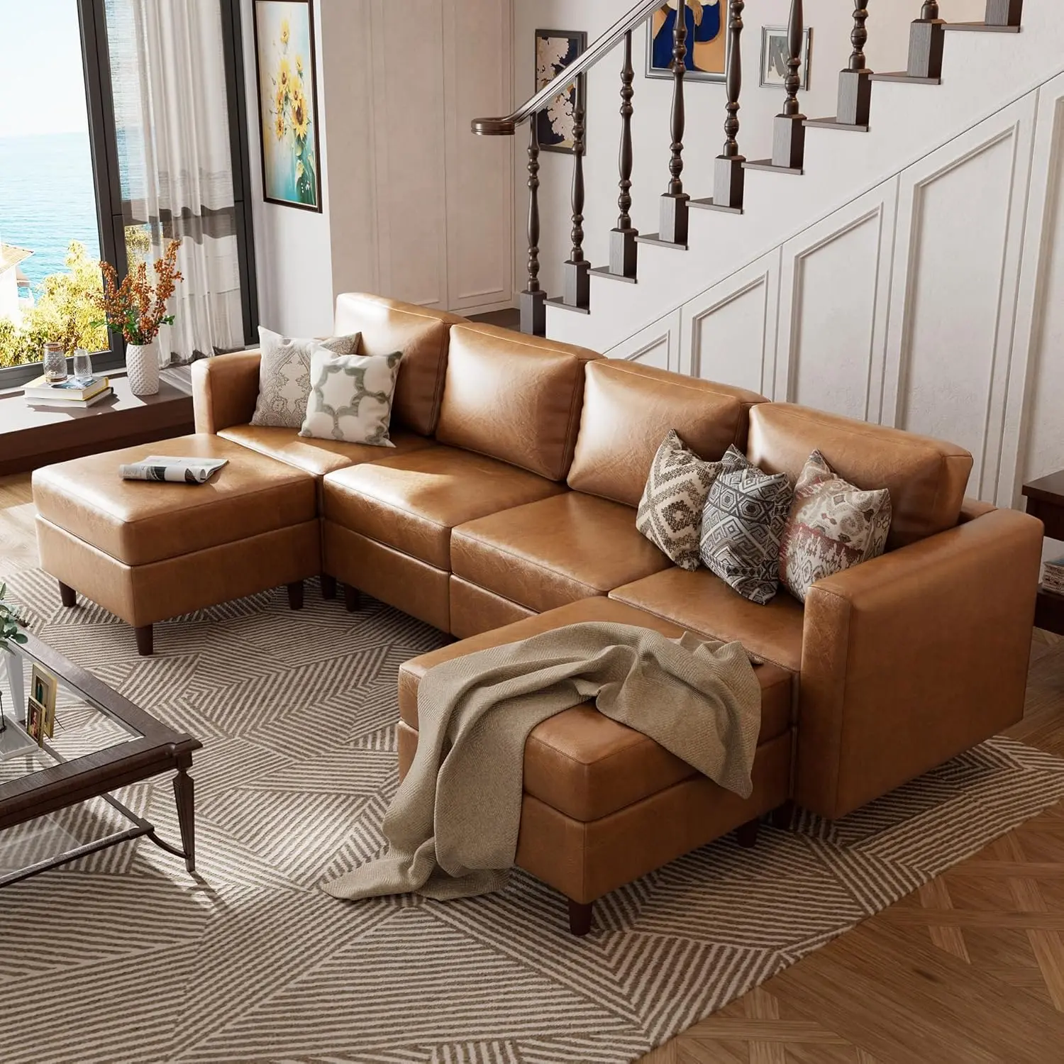 summervibes ABCASA Faux Leather Modular Sectional Sofa, 118.5" L Shaped U Shaped Couch Set for Living Room, Comfy Cloud Couches with Movable Storage Ottoman, DIY Combination, PU Leather summervibes