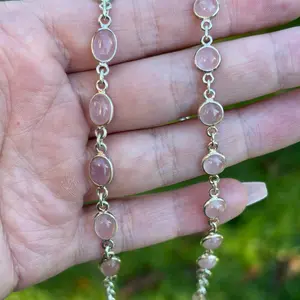 Sterling Silver Rose Quartz Cabochon Bracelet for Women