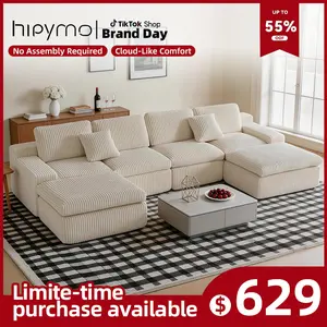 HipyMo 136‘’ Modular U-Shaped 4-in-1 Plush Corduroy Cloud Velvet Sectional Sofabed Couch -  Boneless Couch with Chaise & Ottoman for Ultimate Comfort & Custom Layouts, No Assembly Required, 5-Seater Sofa for Living Room