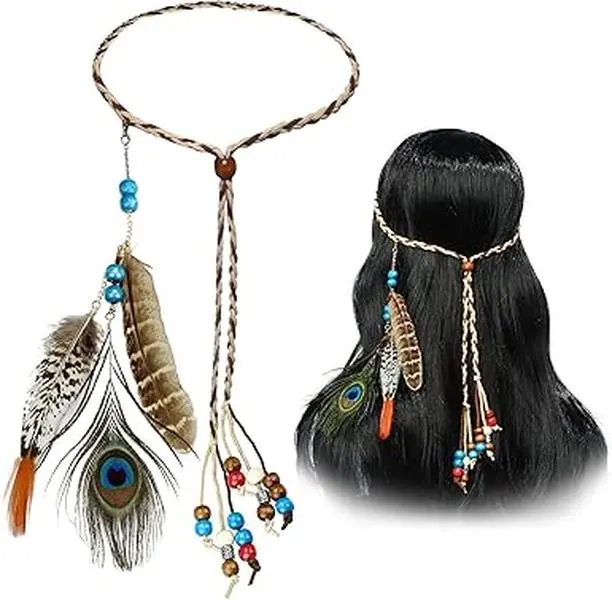 obmwang Boho Feather Headbands Indian Feather Headband Peacoak Headpieces Festival Costumes Hair Accessories for Women and Girls