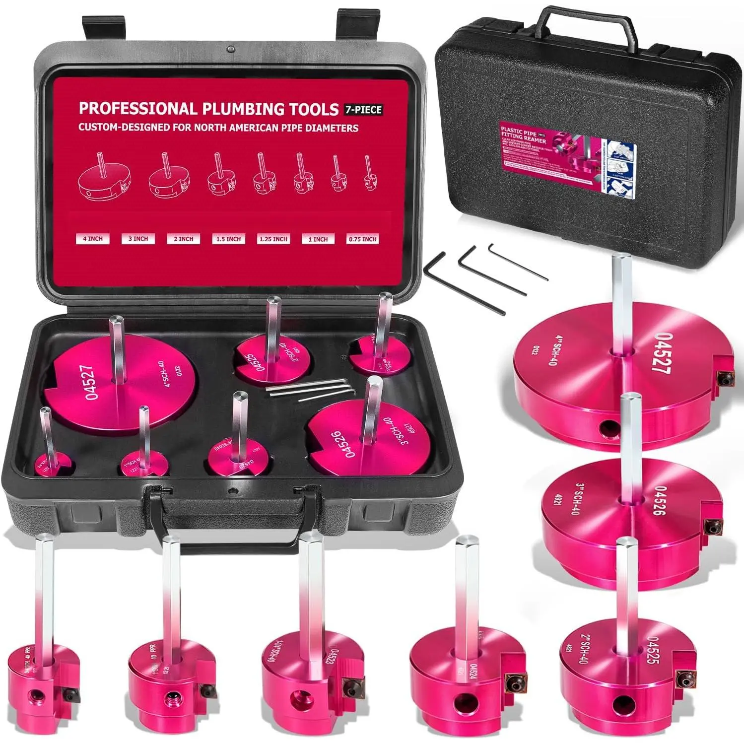 7 count PVC Pipe Fitting Reamer Kit - Complete Plastic Reamer Set Fits into Standard 1/2" Drills Contains 3/4'', 1'', 1-1/4", 1-1/2'', 2'', 3'' 4'' for PVC, SCH40, ABS, CPVC
