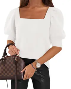 Womens Puff Short Sleeve Sweater Tops 2025 Spring Autumn Trendy Casual T Shirts Blouse