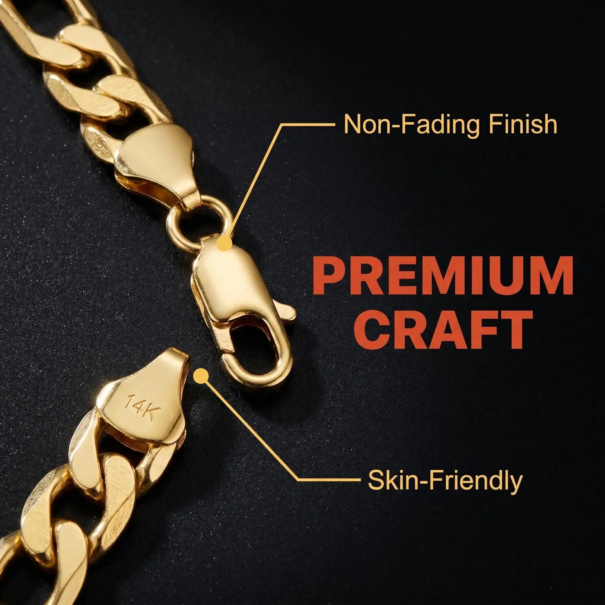 Men's 14K Gold Coated Brass Figaro Chain Necklace - 10mm Width, 20-24in Length, Italian Cuban Design, Anti-Tarnish Nano-Coating, Hip-Hop Street Style, Minimalist Layered Jewelry, Ideal Men's Gift