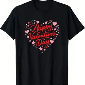 Happy Valentine's Day Heart Graphic Crew Neck T - shirt, Casual Short Sleeve T - shirt with Pink Hearts & Stars Decoration, Perfect Valentine's Day Gift for Couples, Friends, Lovers100% cotton,sizes S-XXXL