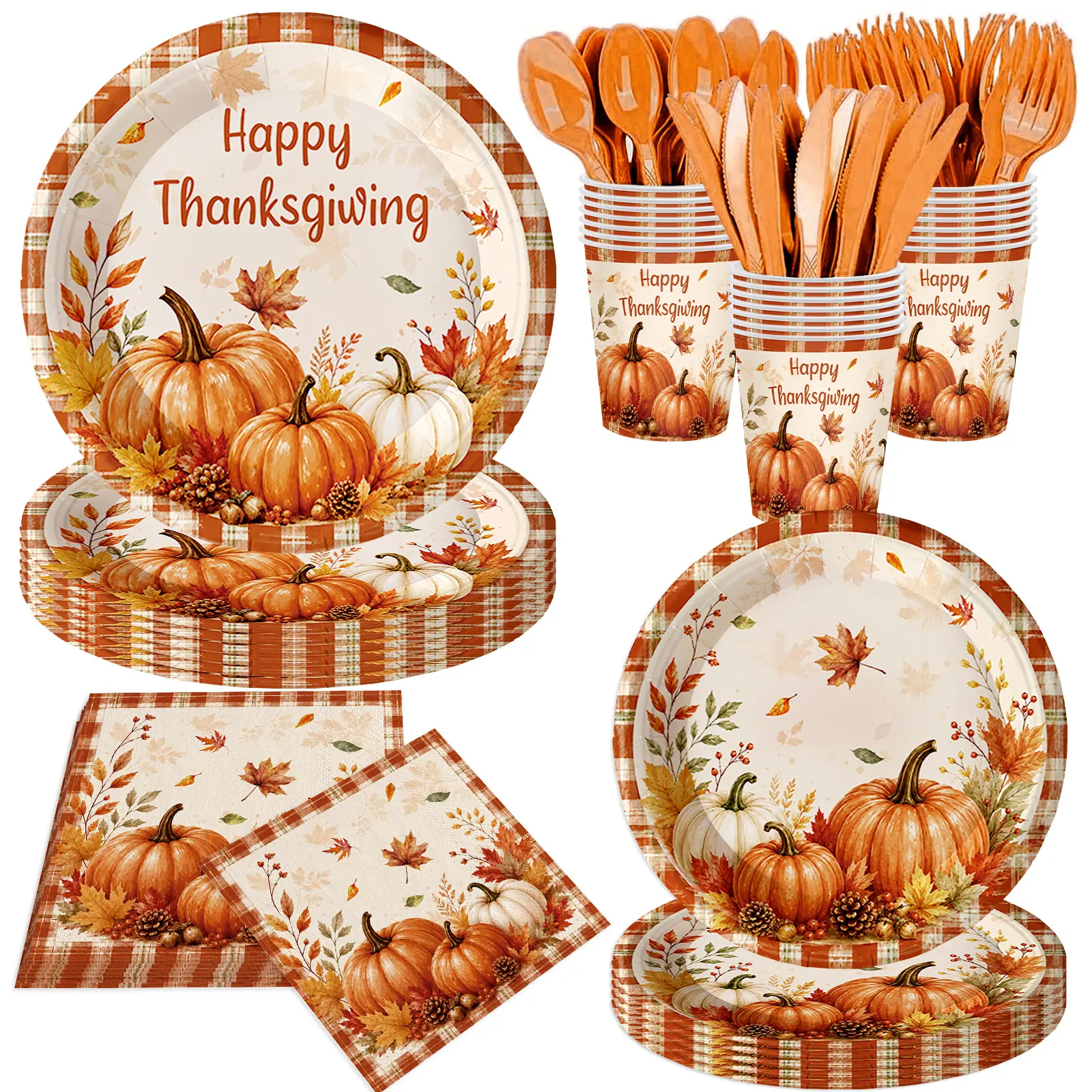 140Pcs Disposable Harvest Theme Printed Round Thanksgiving Party Supplies Set - Serves 20, Pumpkin Maple Leaf Paper Plates, Napkins, Fall Birthday Decorations, Festival Tableware