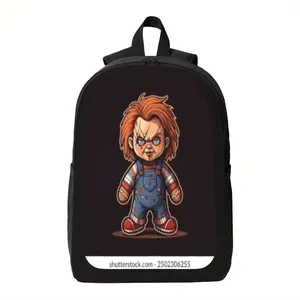 Chucky Doll Cartoon Print Fashion Backpack - Durable Polyester Bag with Zipper Closure, Vibrant Orange Hair & Red Accents, Ideal for Work, Travel, and Gifts, Backpack for