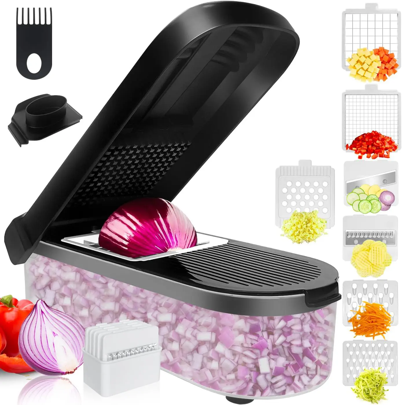 Multifunctional Food Chopper - 7 in 1 Veggie Slicer, Dicer, Cutter for Onions, Potatoes and More - Black Container Included